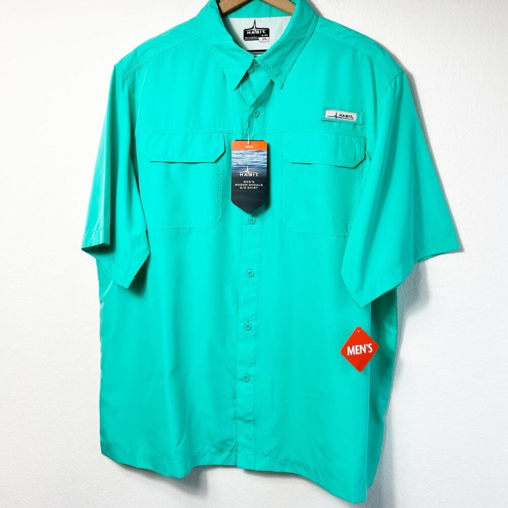 HABIT MEN'S TURQUOISE ACTIVE SHORT SLEEVE BUTTON UP SHIRT SIZE XL BRAND NEW